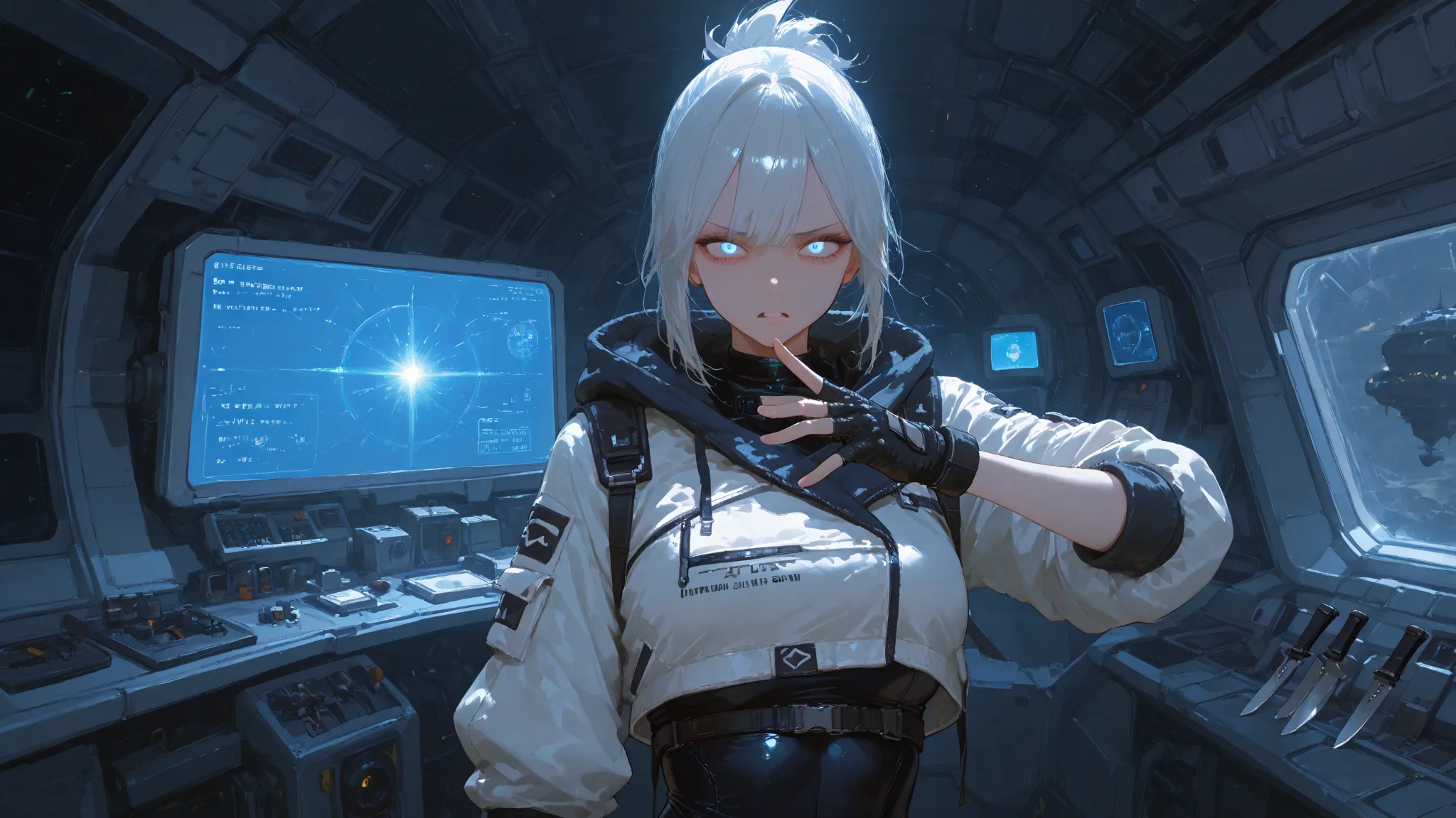 j37t, bodysuit, cropped jacket, hooded jacket, fingerless gloves, 1girl, solo, intense expression, throwing knife, science fiction, spacecraft interior hot, expressive eyes