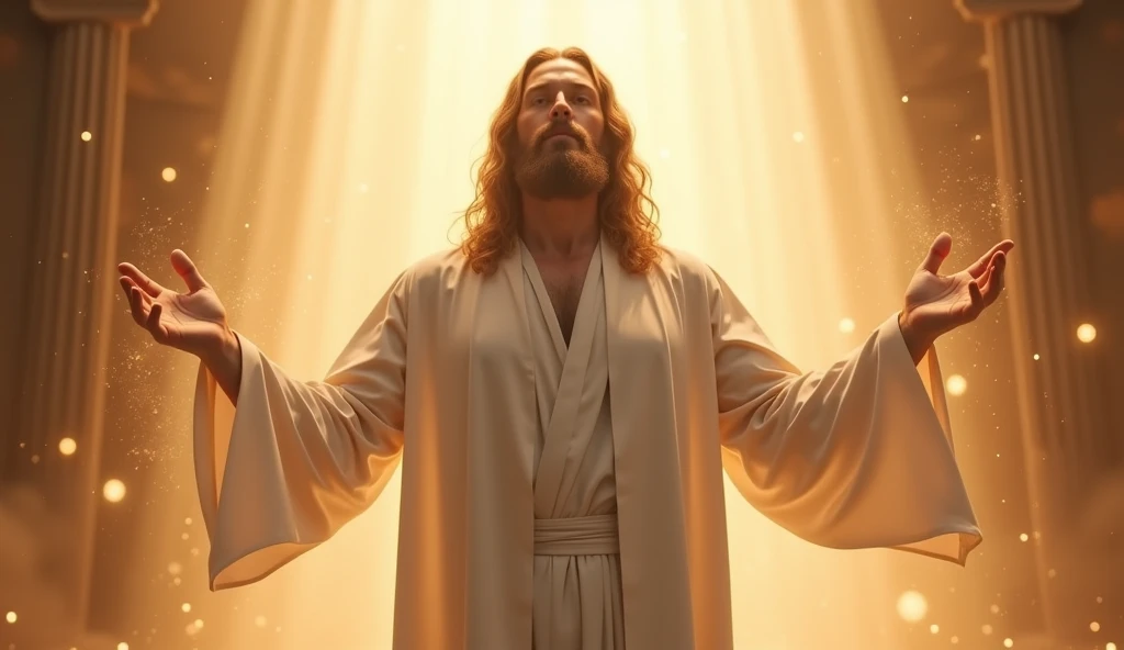 “A man with long hair and beard,  dressed in a white robe, with open arms in a gesture of blessing, wrapped in a heavenly atmosphere filled with golden spots of light and soft rays, descended from above. Mystical scene with ethereal lighting,  Cinematic Re...