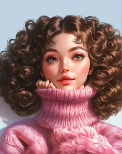 A close up of a brunette woman with curly hair and a strangulation,  big, full lips , big eyes longer than normal eyelashes,  tilted head ,  realistic painting of a pretty girl , trend in artstration, extremely  pink knitted sweater, ✏️🎨, hyperrealistic ae...