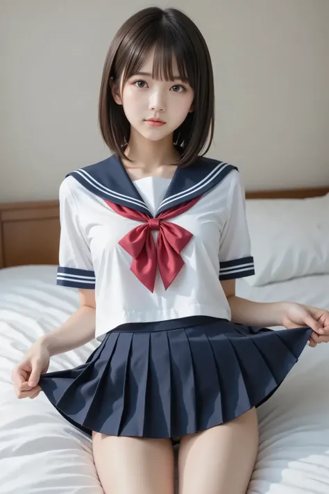 (nsfw:1.4), ( masterpiece, TOP QUALITY:1.2), 1 girl, Alone, very cute,  high school girl、, idol style、 beautiful slim figure 、Beautiful model、 smaller breasts、Sailor School Uniform、 the navy blue pleated skirt flips up、 white panties, Beautiful thighs、bedr...