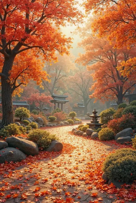 This is autumn，wild season。on the ground，autumn leaves flowing down the ground，shallowly sprinkled on the ground，Together。the Japanese garden，that had just been thrown out of the Japanese garden，, on this ground picture scroll made of autumn leaves {x} lef...