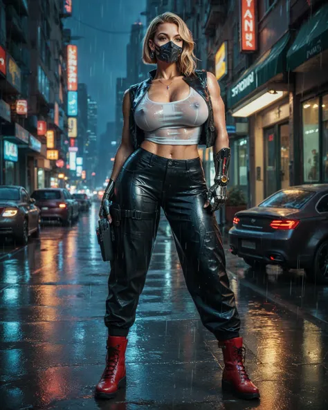  1 girl, a milf,night city,  rain, black pants, Red ankle boots, Ultra high definition,  Very detailed, High detail, High quality, High definition, cybernetic arm , Cyberpunk, Cyborg,Short,  bright brown hair , wet clothes, Short yellow leather vest,  is w...