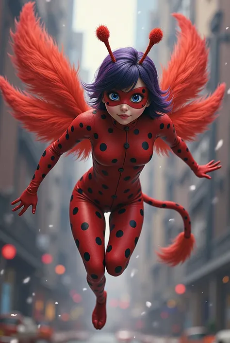 of the new Ladybug.
 Girl, long hair, fluffy purple fur, superhero {x} huge eyes and a fluffy long tail, like a squirrel ; the size of the heroine.  She has, like a lynx , with tassels , ears and a dark nose. 