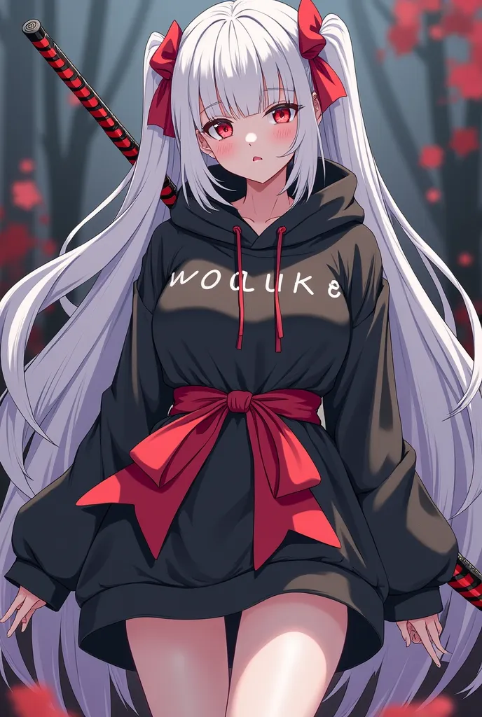 Black oversize hoodie with big red tied ribbon arround her neck, a thick red and black sword on her back, long and thin leg, white long pigtails, a chic girl, a female animated character