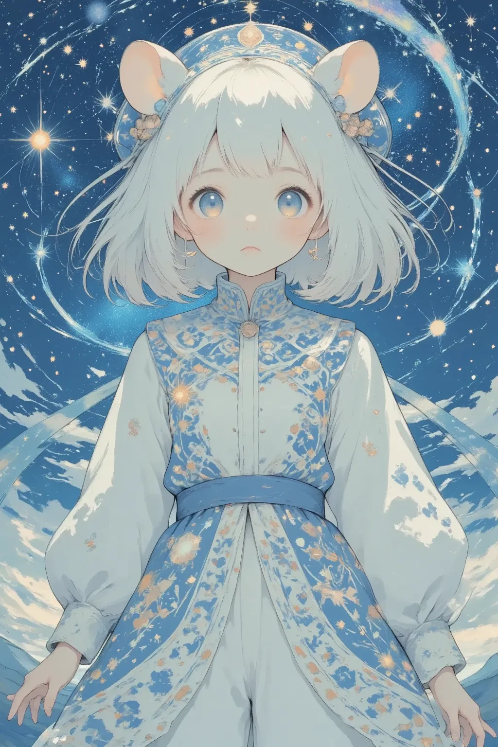 (Portrait of a cute girl with hamster-like ears, dressed in a fortune teller's outfit that glimmers with an ethereal glow, embodying the essence of Final Fantasy in a Blue Future style. "hamuko-chan" stands in a dynamic pose, portraying the aura of an expl...