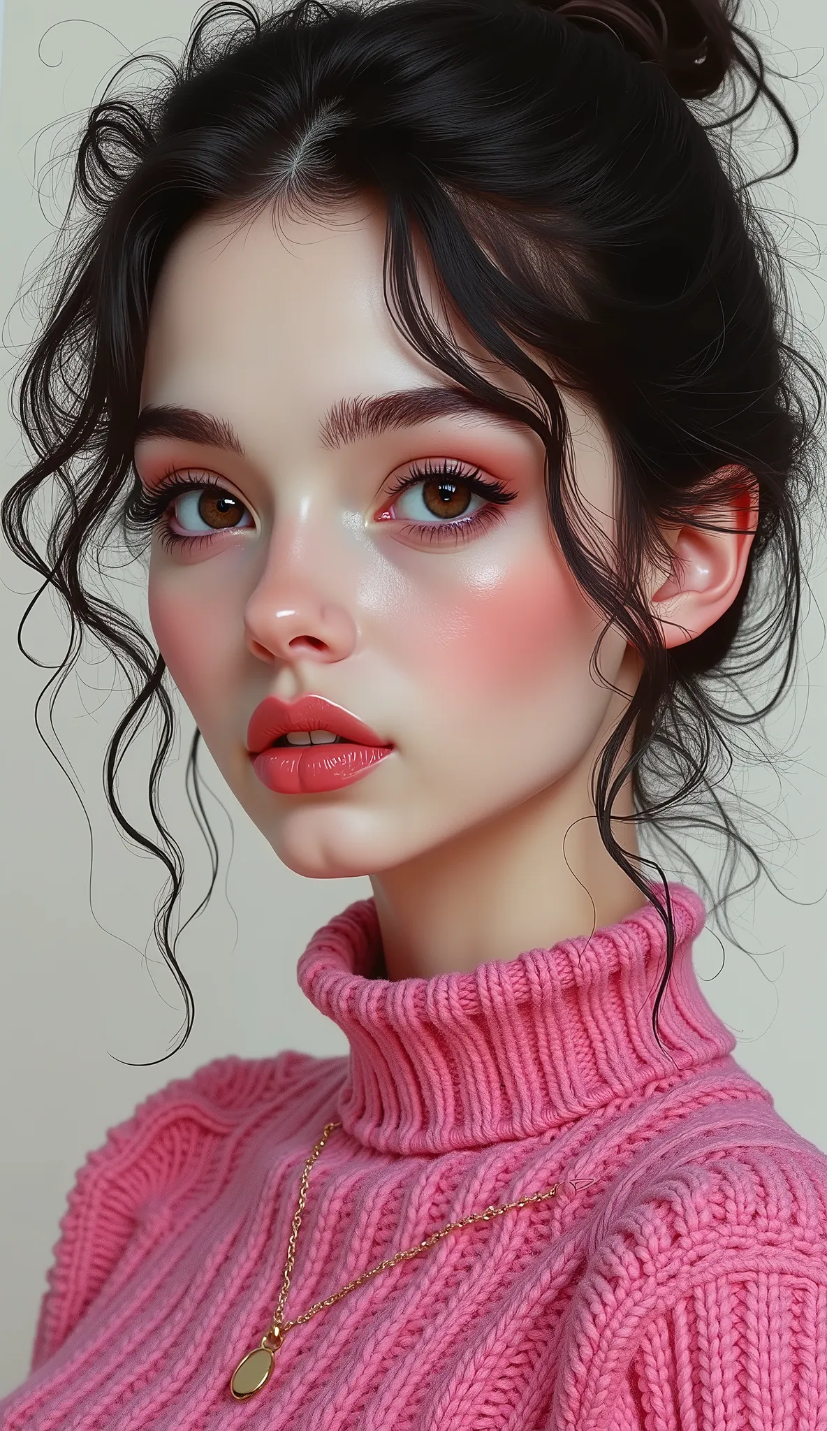 A close up of a brunette woman with curly hair and a strangulation,  big, full lips , big eyes longer than normal eyelashes,  tilted head ,  realistic painting of a pretty girl , trend in artstration, extremely  pink knitted sweater, ✏️🎨, hyperrealistic ae...