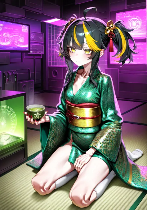 sfw, gyaru, cyberpunk background, solo girl, black hair, streaked gold hair, small breast, [emaciated:1.3], hungry, digital pattern kimono, technology kimono, seiza, no shoes, glowing tatami, only one green tea in tea_bowl, tyasen,