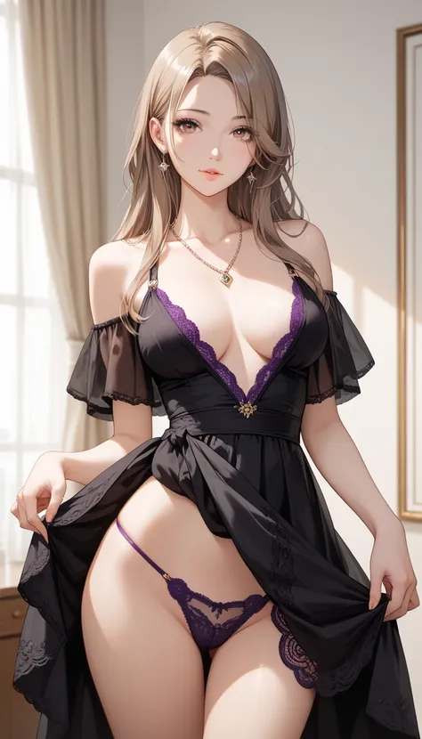 best quality, absurdres, わきDownを見せない, Down, no background, becomes transparent when you stare at it {x}, PE, front view, cowboy shot, perfect and beautiful face, Beautiful breasts,  Read more, slim, lightbrown long hair, parted bangs, black dress, purple l...