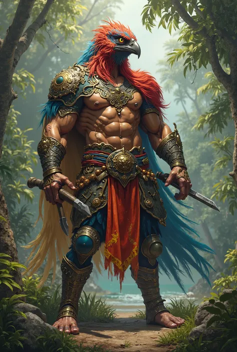 A powerful humanoid warrior inspired by the Alagoas curassow bird. His body is muscular, with an elegant yet fierce demeanor. He wears armor with the colors of Alagoas' flag, showcasing scars from countless battles. The background is the lush coastal fores...