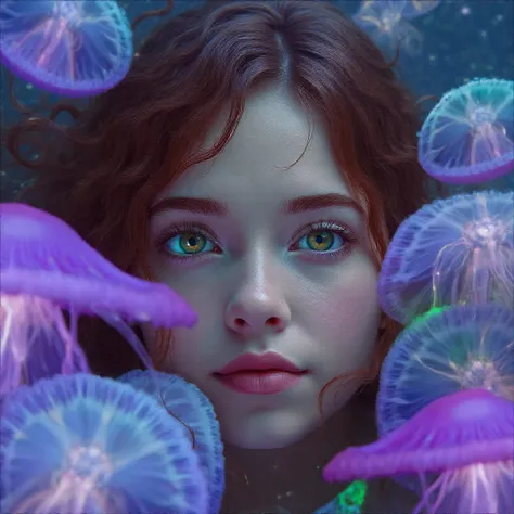 Thoughtful girl with big green eyes long brown hair fine facial features in the water among neon jellyfish