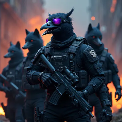 Special operations group. Spec ops team photo. Dynamic. Anthropomorphic crow soldier donned in black gear with purple visor, in front. His teammates are a Black wolf soldier behind him. An anthropomorphic hedgehog soldier behind him on the other side. And ...