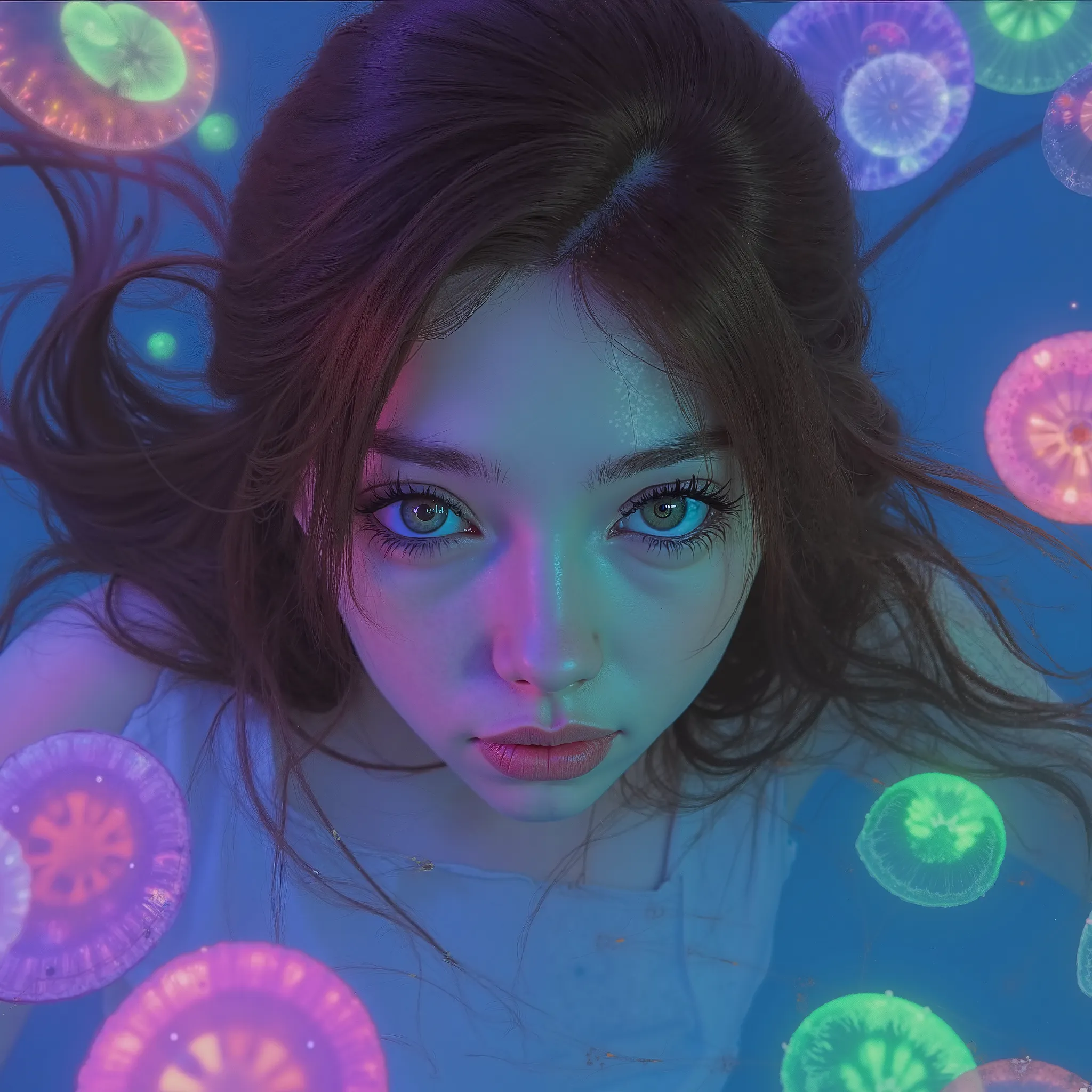 Thoughtful girl with big green eyes long brown hair fine facial features in the water among neon jellyfish