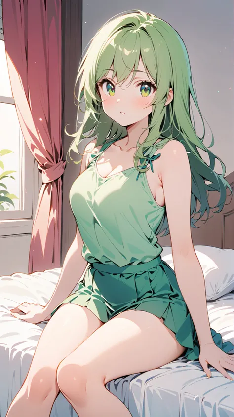 1 girl, Full Body Portrait, Green long hair , green eyes, sit on the bed ,Green top, green skirt with bow ,plain and unadorned , show your legs , show your arms,Mature charm, cute,Strong