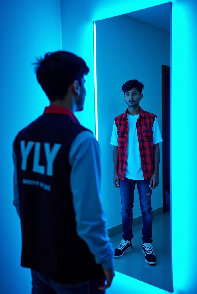 The image presents a mysterious and intriguing scene where a young man wearing a YLY Ministry of Youth and Sports vest stands in front of a neon-lit mirror. However, instead of reflecting his current appearance, the mirror shows a much younger version of h...