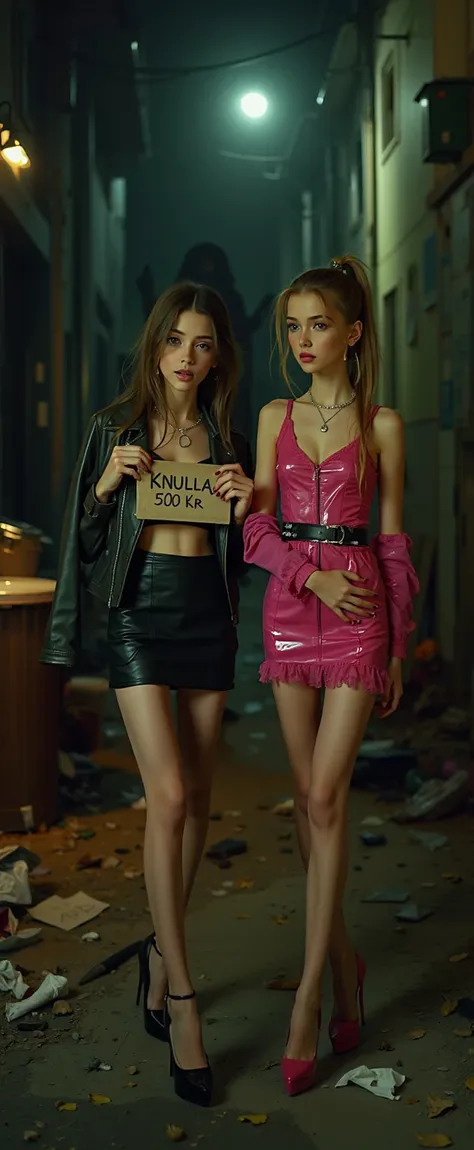 A realistic cinematic depiction of two beautiful young skinny aorexic women, aged 17 to 19, standing together on a deserted dark Back alley at night, the back alley are full ov trash and trashcans, (One of the girls is holding an hand whitten paper sign Te...