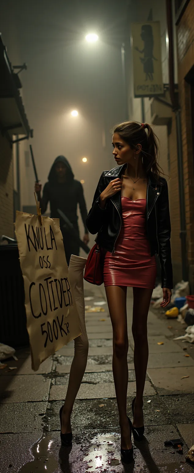 A realistic cinematic depiction of two beautiful young skinny aorexic women, aged 17 to 19, standing together on a deserted dark Back alley at night, the back alley are full ov trash and trashcans, (One of the girls is holding an hand whitten paper sign Te...