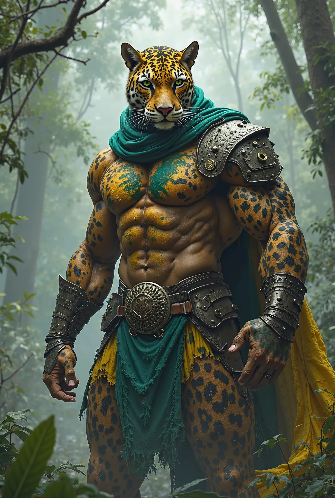 Create a powerful humanoid warrior based on a jaguar, with a muscular build and distinctive feline features. The warrior wears armor in the colors of Amazonas’ flag: green, yellow, and blue. The armor is intricately detailed, with scars and battle marks ac...