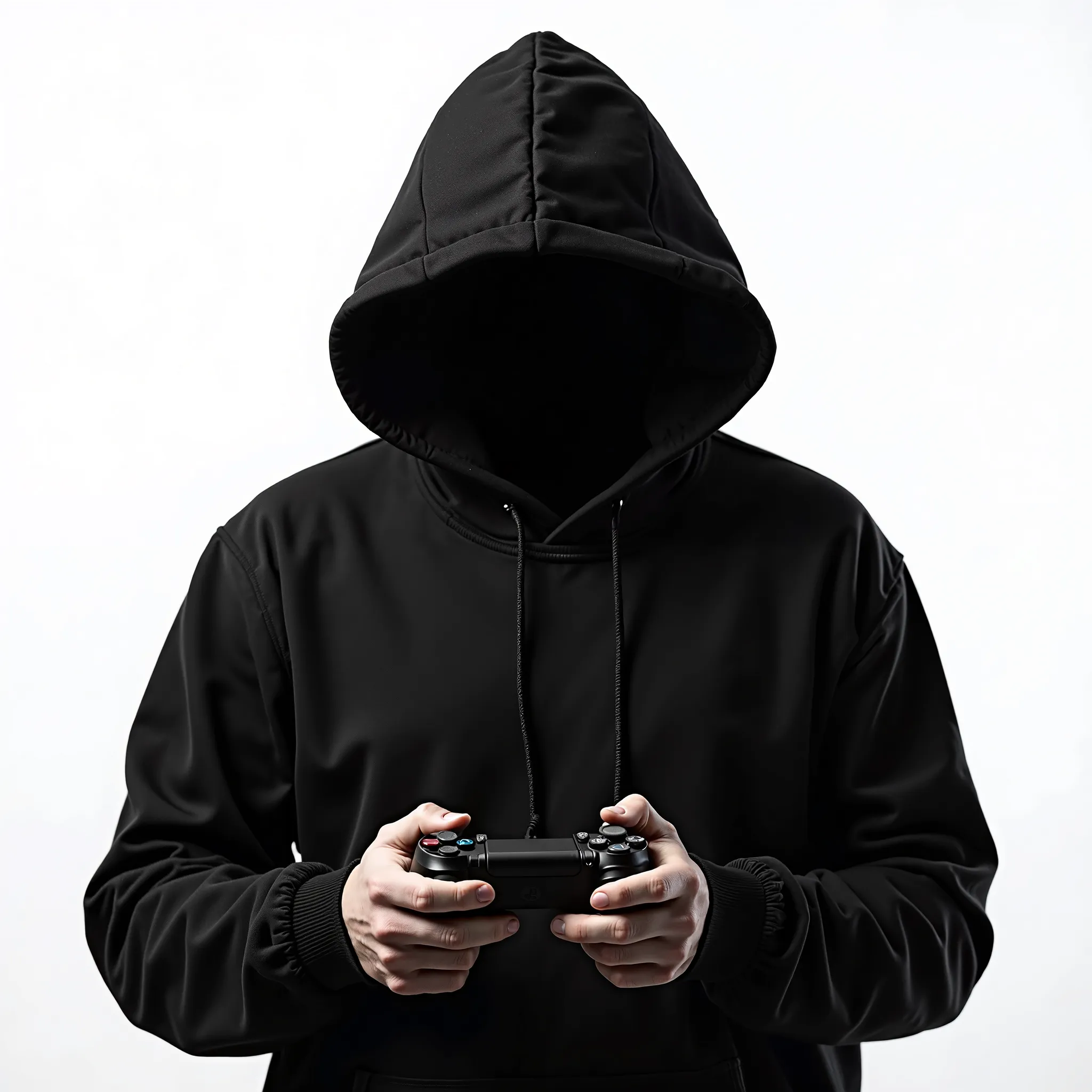 A dark figure wears a black hoodie,  completely hiding his face . In place of the face , there is a black void with refined and torn eyes in the form of a scratch, in addition to a wide and distorted smile, both with a digital glitch effect, Holding a Play...