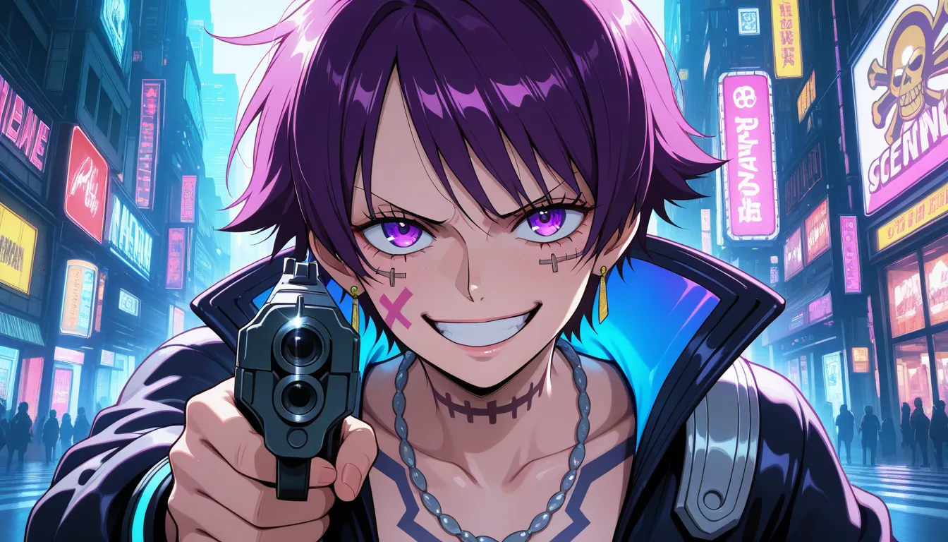 Man, slim body, cyberpunk style tattoos on face, purple cyberpunk hair, purple eyes, silver cyberpunk outfit, holding a cyberpunk gun pointing forward, silver necklaces and earrings, psychotic look, psychotic expression, badass pose, cyberpunk city scenery...