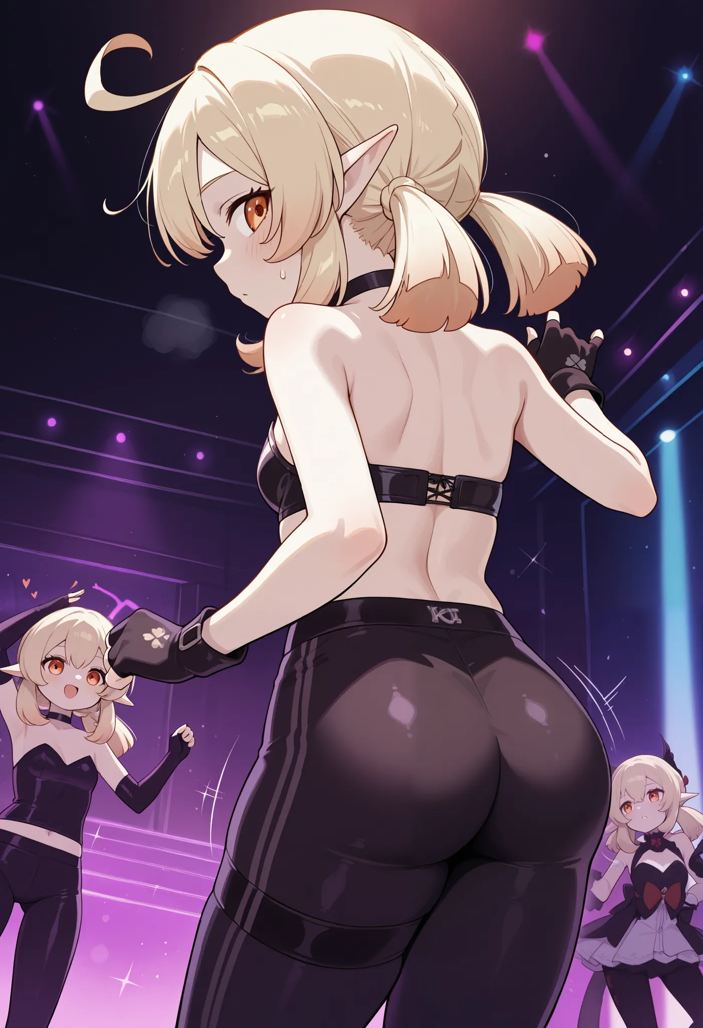 Klee. Genshin Impact. Appearance: pale skin, orange eyes, blonde hair in pigtails, and elf ears.  | choker., hips, back, dancing, nightclub, leggings, fingerless gloves, choker, twerking, cowboy shot. small breasts
