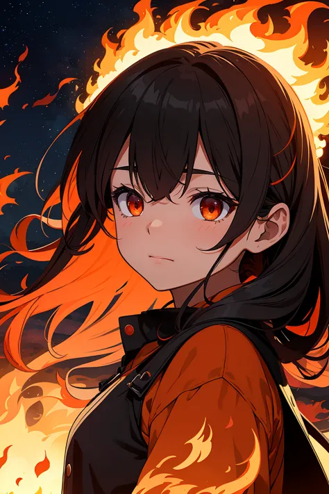 A simple anime-style illustration of a small wooden hut engulfed in bright orange and red flames, with thick black smoke rising into the sky. In the foreground, a young girl with long, flowing hair and a white dress stands still, watching her home burn. He...