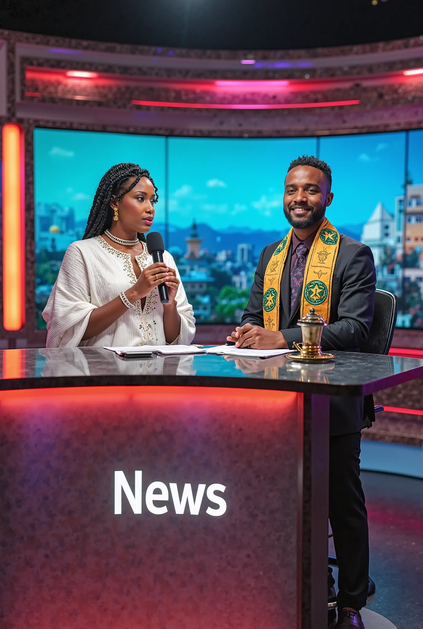 Improved Prompt (English):**  
*"A modern Ethiopian studio with bright lighting, featuring a digital screen displaying the Addis Ababa city skyline or the Simien Mountains in the background. An Ethiopian news anchor (male or female) wearing a blend of trad...