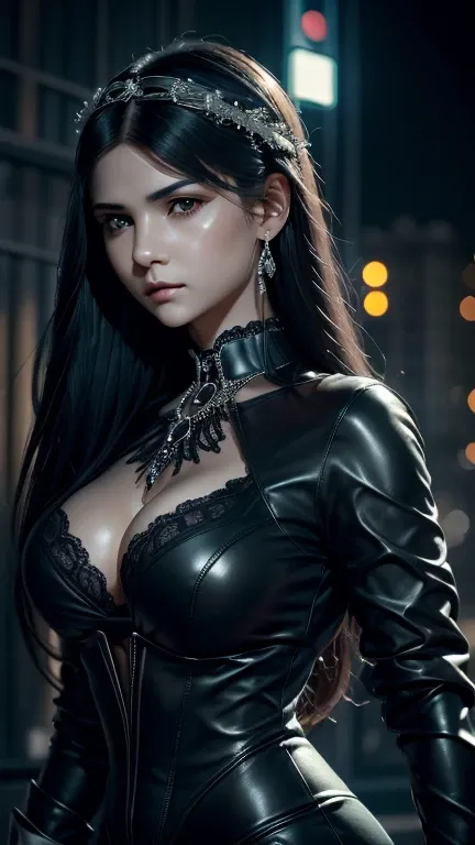 Ultra-realistic portrait of a gothic young woman with porcelain-white skin, long silky black hair, and intense dark eyes. Petite yet voluptuous, wearing an intricate gothic outfit with black lace, leather accents, and silver jewelry. Her expression is stoi...