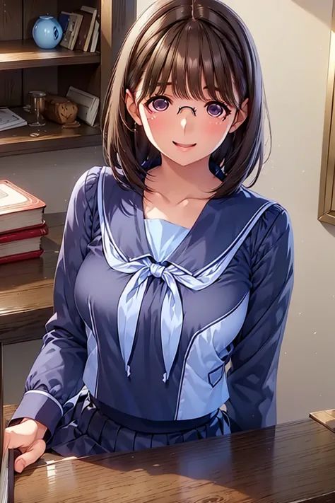 aanene, short hair, blue serafuku, blue shirt, long sleeves, blue sailor collar, white neckerchief, pleated skirt, blue skirt、Glasses、   high definition  ,    short hair, (((  beautiful brown eyes)))、( Sparkling Eyes , fine grain)、smile、  detailed eyes san...