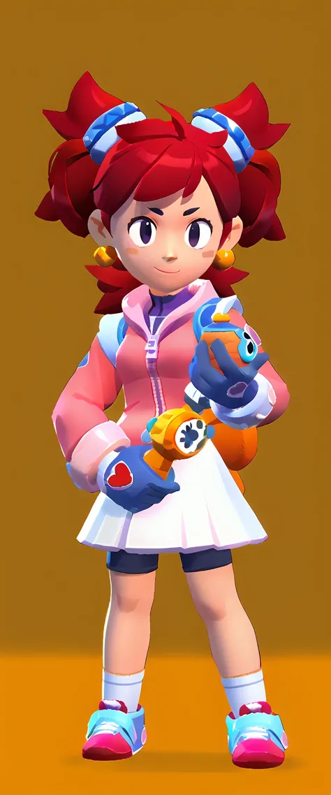 best quality, masterpiece, highres, detailed, digital artwork, SayakaYumi, mini twintails hair, red hair, black eyes, big head, blue gloves, pink hoodie, white skirt, shorts under skirt, ready to battle, blush, white socks with a pink stripe, orange tennis...