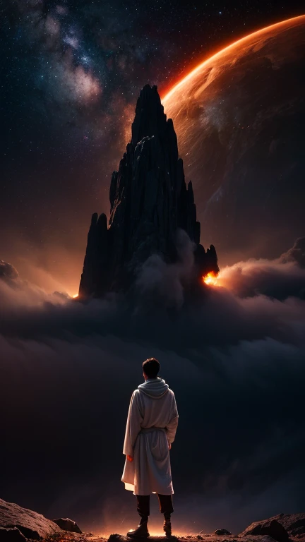 "A lone figure dressed in a flowing white robe stands on a bed of ethereal clouds, gazing at a massive swirling cosmic vortex in the sky. The vortex is a blend of fiery reds, oranges, and glowing yellows at its core, surrounded by deep blues, purples, and ...