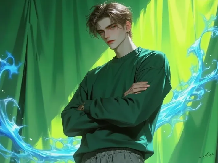 Boy, young man, dark skin, brown Wavy hair in wolf cut, golden eyes, greenish sweatshirt, gray shorts. Side-Folded Arms Pose with some muscles, masculine face. Green background with blue smoke in the background, slightly yellowish lighting. Anime art, niji...