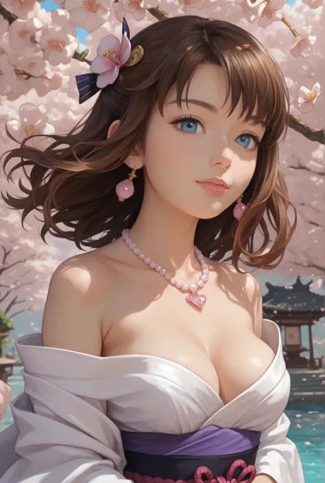 final fantasy (Yuna) anime girl with brown hair and a white kimono dress, that holds her necklace, Beautiful character portrait,  soft anime CG art  ,  realistic anime art style , Beautiful anime portrait, beautiful anime woman,  photorealistic anime girl ...