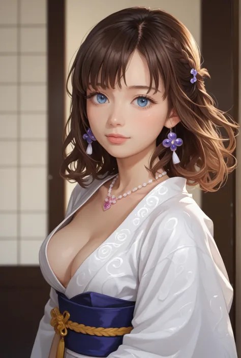 final fantasy (Yuna) anime girl with brown hair and a white kimono dress, that holds her necklace, Beautiful character portrait,  soft anime CG art  ,  realistic anime art style , Beautiful anime portrait, beautiful anime woman,  photorealistic anime girl ...