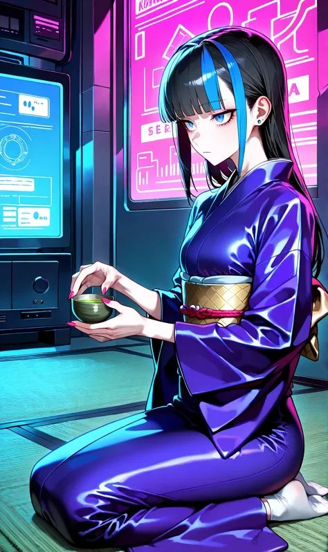 sfw, gyaru, cool beauty, retro future, cyberpunk background, solo girl, black hair, streaked hair, small breast, [emaciated:1.3], expressionless, Polite, simple long kimono, technology kimono, seiza, no shoes, glowing tatami, only one green tea in tea_bowl...