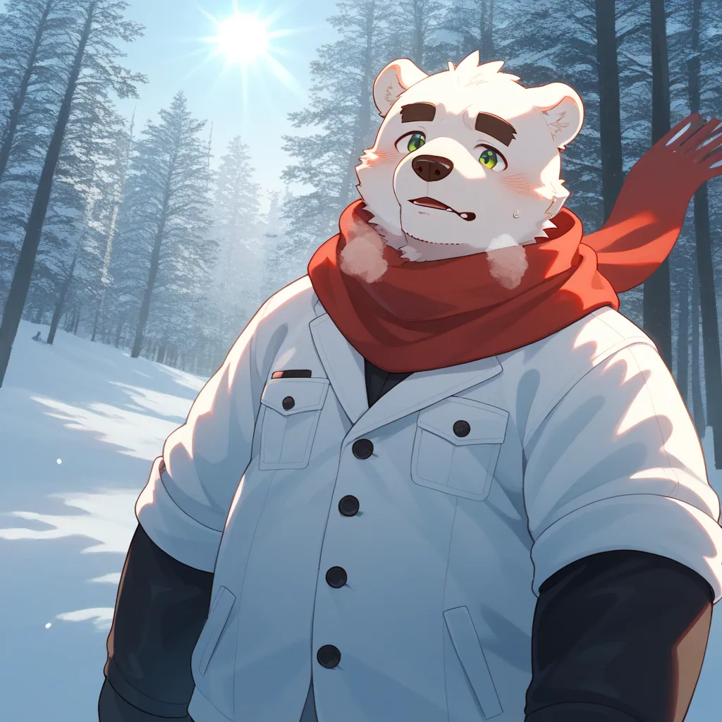 걸작, Anatomically Correct, snow mountain background, Snow is falling, male, solo, kemono, furry, White Bear, green eyes, chubby, white outerwear, red pattern on the wrist, Red scarf, breath, bright and cozy atmosphere, sunlight casts a warm glow, detailed t...