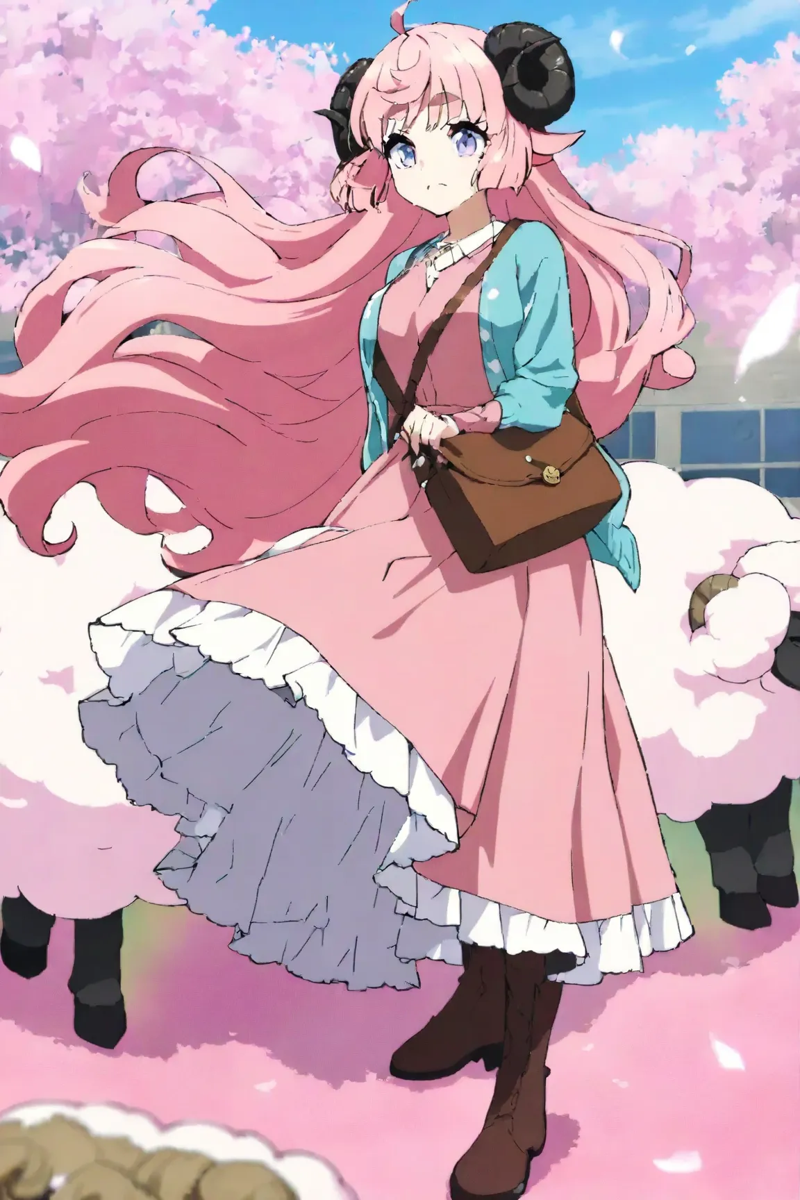 masterpiece, best quality, amazing quality, very aesthetic, high resolution, ultra-detailed, absurdres, newest, Anime screencap, highly detailed, high quality, Intricate:1.4, BREAK, (1girl, ひつじちゃん,  fluffy hair\long\pink, thick eyebrows:1.1, round sheep ho...