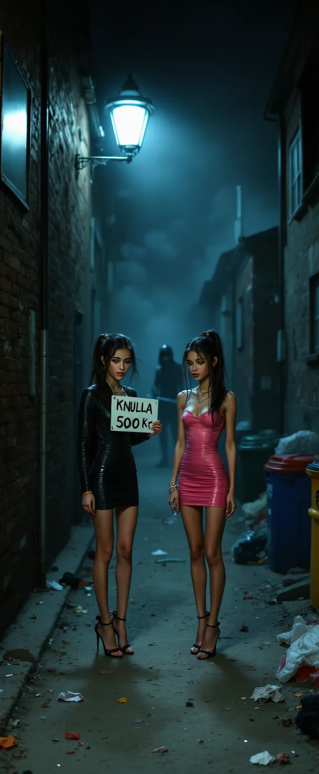 A realistic cinematic depiction of two beautiful young skinny aorexic women, aged 17 to 19, standing together on a deserted dark Back alley at night, the back alley are full ov trash and trashcans, (One of the girls is holding an hand whitten paper sign Te...