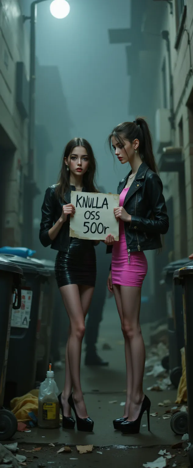 A realistic cinematic depiction of two beautiful young skinny aorexic women, aged 17 to 19, standing together on a deserted dark Back alley at night, the back alley are full ov trash and trashcans, (One of the girls is holding an hand whitten paper sign Te...