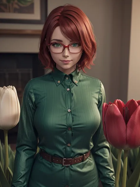 close-up, upper body. Short, ( red hair:1.6), (green eyes:1.6), (diopter glasses with metal frames:1.2), (long-sleeved green button-down shirt:1.6),  big size 2 breasts, smiling 15-year-old girl among tulips. (Lots of tulips :1.4). ( Masterpiece , top qual...