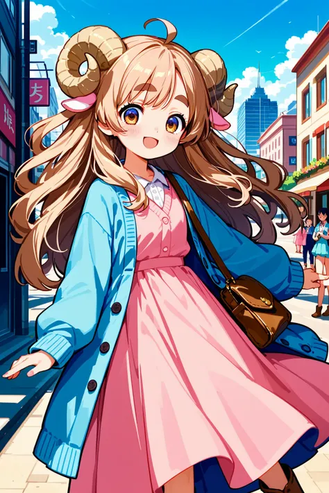 masterpiece, best quality, amazing quality, very aesthetic, high resolution, ultra-detailed, absurdres, newest, Anime screencap, highly detailed, high quality, Intricate:1.4, BREAK, (1girl, ひつじちゃん,  fluffy hair\long\pink, thick eyebrows:1.1, round sheep ho...