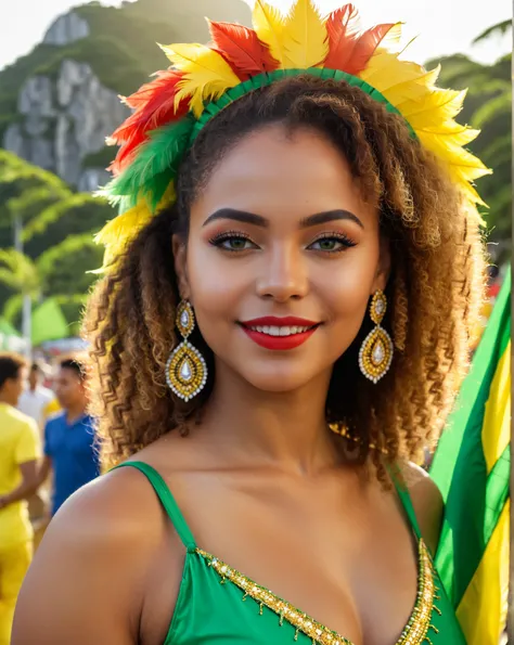 realistic, ultra-realistic, 8K resolution, portrait-like picture, early morning light, carnival in Rio de Janeiro, side pose, light brown afro-textured hair, mixed-race girl with light but warm skin tone, slightly darker than average German tone, bright gr...