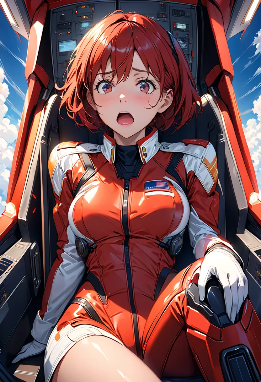 An absurd resolution, high resolution, ( masterpiece: 1.4), Super Detail,  1 young woman,  Short Red Hair , pilot suit with gloves, Rich Princess,  sitting in an extremely narrow, closed mechanical control room, fearful expression crying open mouth  (1.3),...