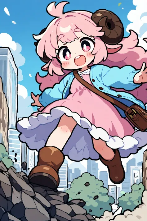 masterpiece, best quality, amazing quality, very aesthetic, high resolution, ultra-detailed, absurdres, newest, Anime screencap, highly detailed, high quality, Intricate:1.4, BREAK, (1girl, ひつじちゃん,  fluffy hair\long\pink, thick eyebrows:1.1, round sheep ho...