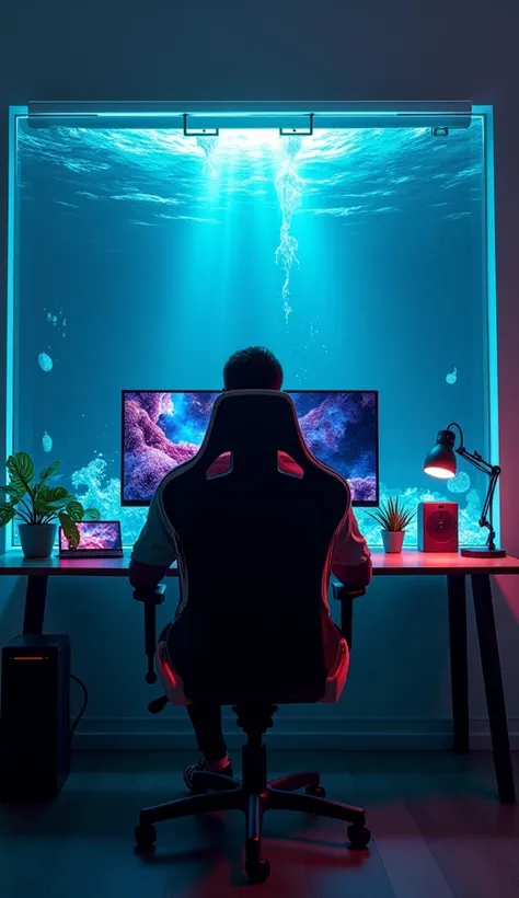 A man sitting in a gamer chair in front of a computer and the computer screen is poking out water