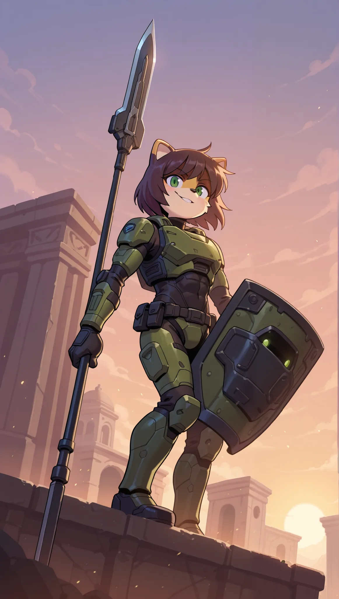 Score_9, Score_8_up, Score_7_up, 1boy, alone, masterpiece, best quality, incredible quality, very aesthetic, absurd, furry font, mobian feneko, dark hair, green eyes, mysterious smile, (Spartan soldier clothes, long spear in the right hand and a shield in ...