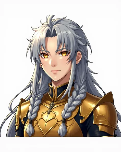 man anime,  long gray hair, yellow eyes, slightly tanned pale skin, butterfly bangs, a lock sticking out of his head, Two braids,  loose hair,  drinking coffee,  calm expression , anime, video game, man, tonificado,  short shirt,  white shirt, gold tattoo ...