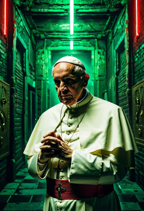 Futuristica Caotic Communist pope underground death metal style pixel with green sci-fi color