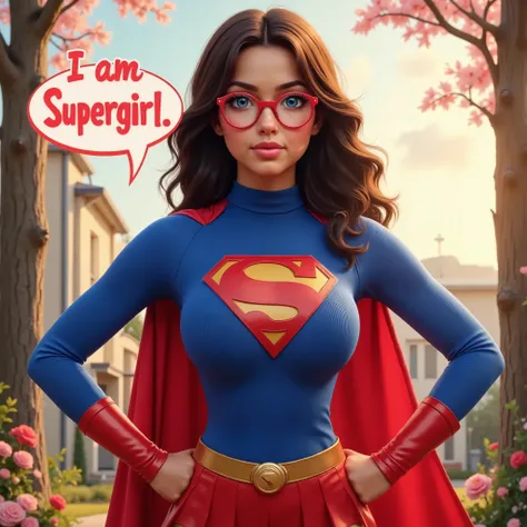 Depict a 17-year-old Latina girl with dark chocolate skin, radiating joy and confidence as she embodies SUPERGIRL. She stands gracefully, hands on her hips, in a classic SUPERGirl pose. She wears a pristine BLUE long-sleeved turtleneck leotard, modified wi...