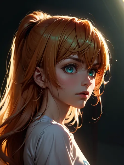 masterpiece, high score, great score, absurdres, close-up portrait, beautiful woman, Nami, one piece, orange hair, long hair, slight wavy hair, beautiful green eyes, oversized t-shirt, simple background, vivid colors, volumetric lighting, soft lighting, fa...