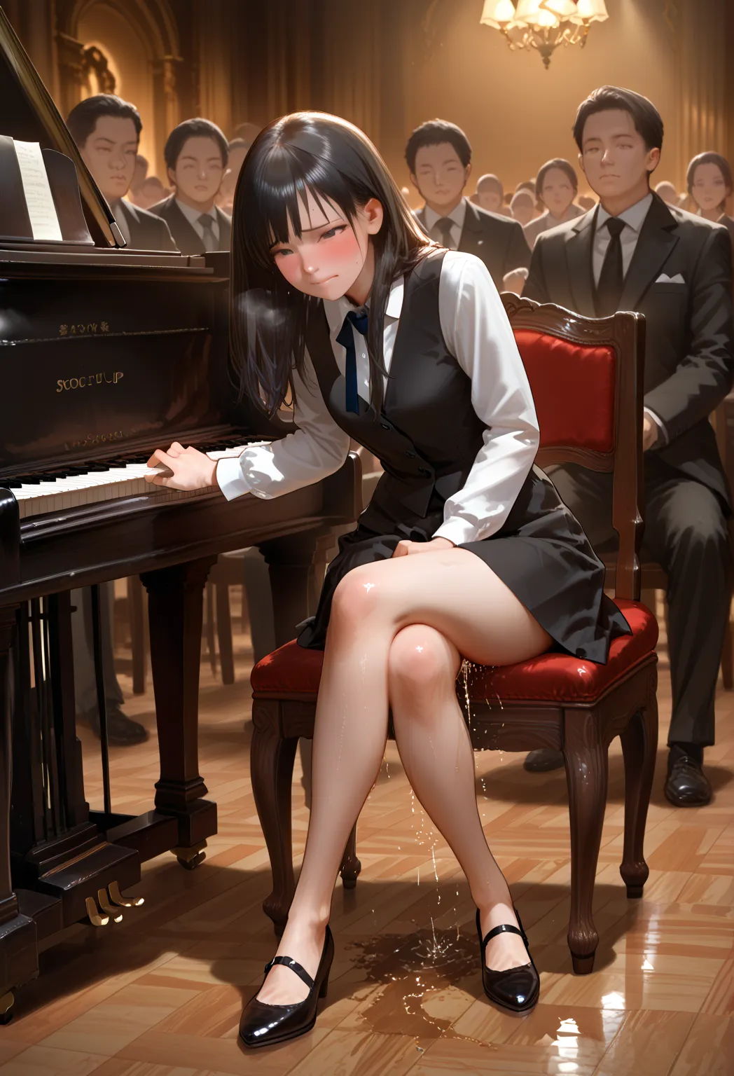 Score_9, Score_8_up, Score_7_up, Score_6_up, Score_5_up, Score_4_up, Source_anime, Tag1, (extremely detailed and high-quality illustration),(best lighting and shadow effects, ultra-realistic), young women, ((round face)), sitting, playing piano, one hand l...